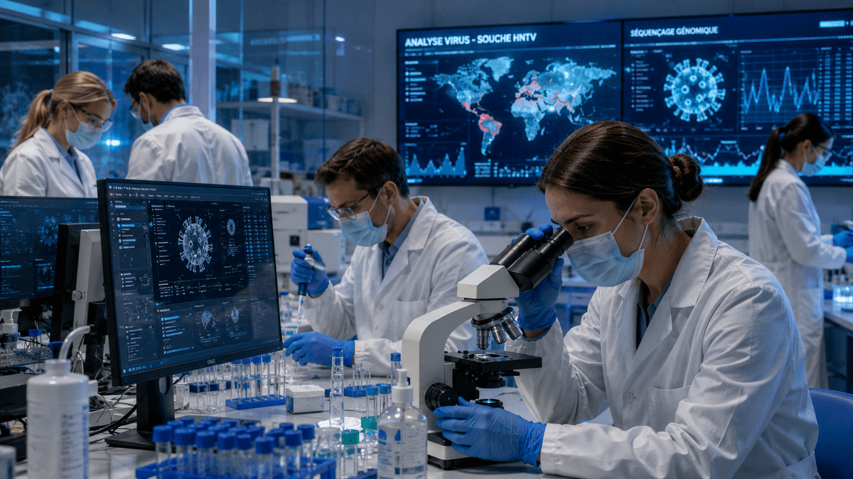 Biologiste médical analysant des prélèvements pour la sérologie et la PCR du hantavirus en laboratoire spécialisé