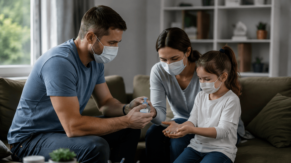 Famille portant un masque de protection : populations exposées au hantavirus, prévention spécifique pour enfants, femmes enceintes, immunodéprimés